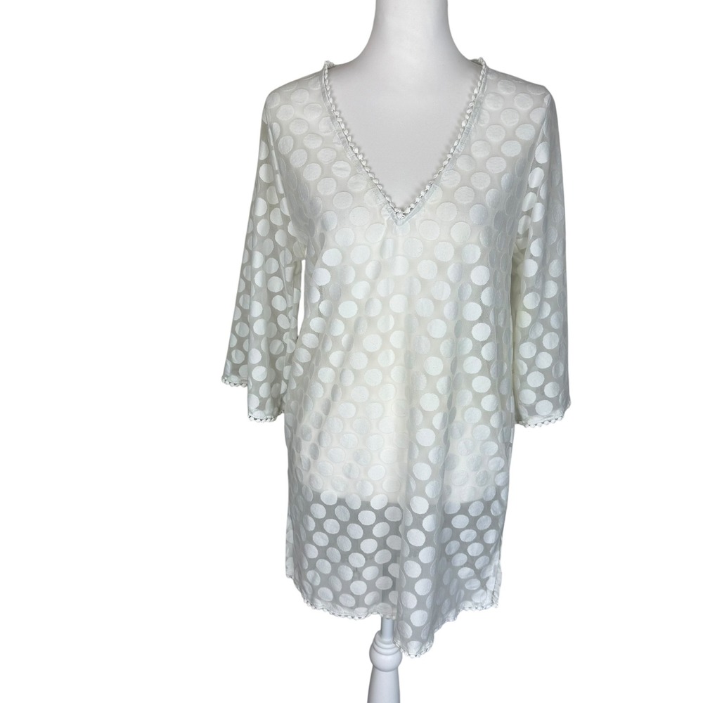 Mud Pie‎ Womens White Polka Dot Mesh V-Neck Pom Pom Trim Swim Cover Up Tunic L